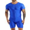 JEEYJOO Men's One-Piece Short Sleeve Workout Bodysuit Zipper Front Leotard Wrestling Singlet Unitard Blue Large view 1