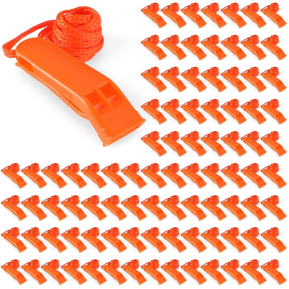Sotiff 100 Pieces Emergency Whistles with Lanyard Safety Survival Whistles Loud Blast for Safety Camping Hiking Boating Hunting Survival Rescue Signaling(Orange)