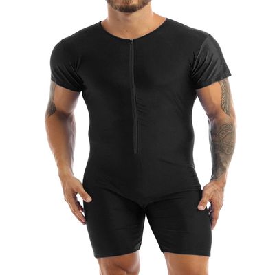 JEEYJOO Men's One-Piece Short Sleeve Workout Bodysuit Zipper Front Leotard Wrestling Singlet Unitard Black XX-Large