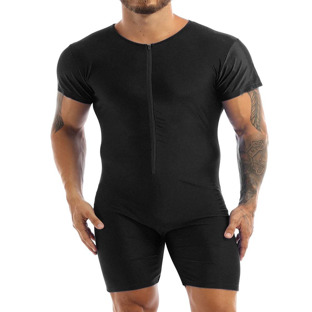 JEEYJOO Men's One-Piece Short Sleeve Workout Bodysuit Zipper Front Leotard Wrestling Singlet Unitard Black XX-Large