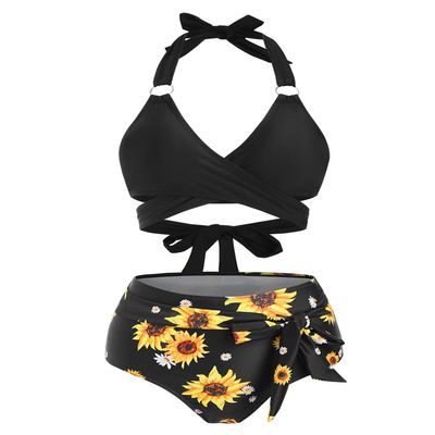 DRESSFO Women's Vacation Bikini Set Sunflower Knot Ring Wrap Halter High Waist Tummy Control Swimwear (Black2/Small)