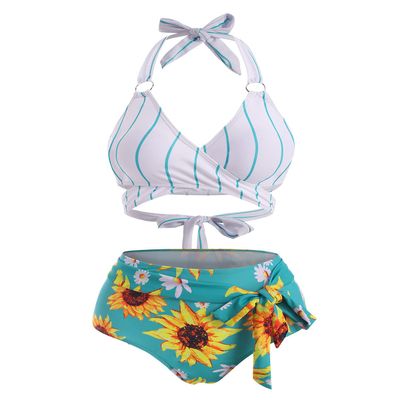 DRESSFO Women's Vacation Bikini Set Sunflower Knot Ring Wrap Halter High Waist Tummy Control Swimwear (Multi/1X)