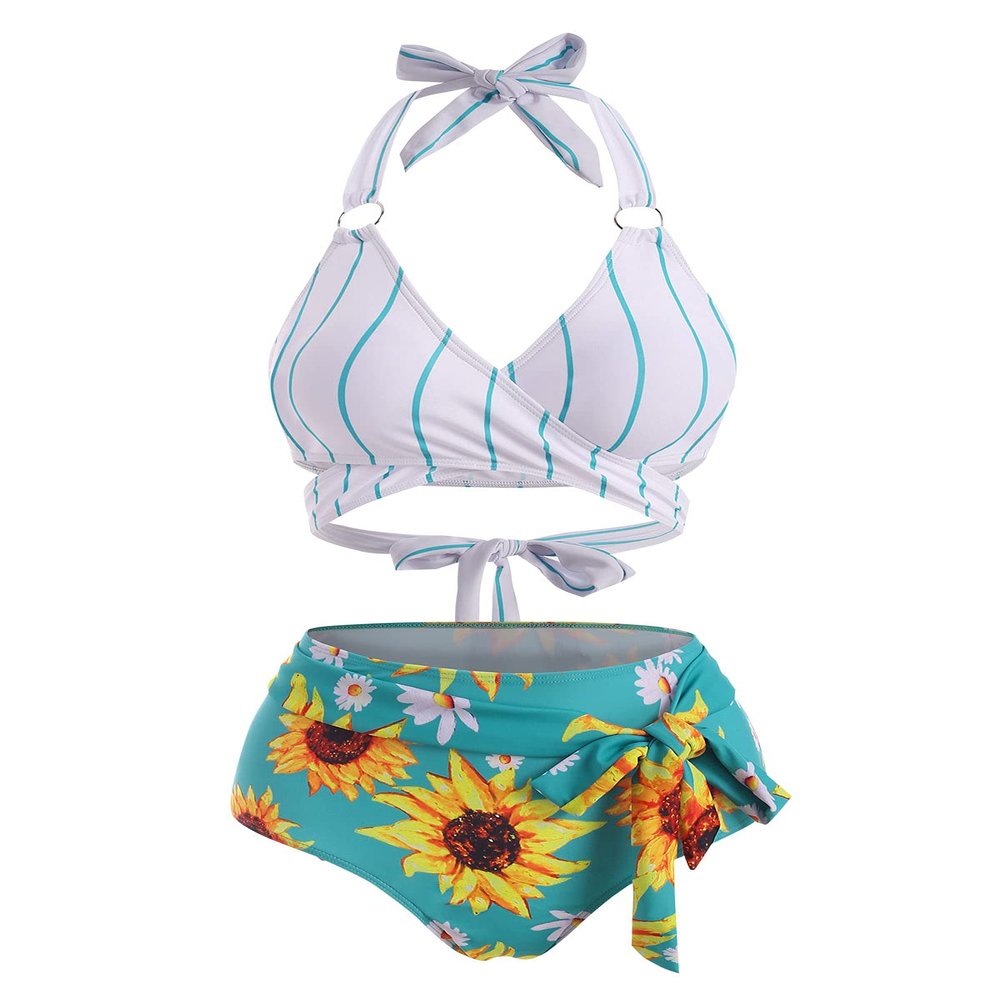 DRESSFO Women's Vacation Bikini Set  Sunflower Knot Ring Wrap Halter High Waist Tummy Control Swimwear (Multi/1X)