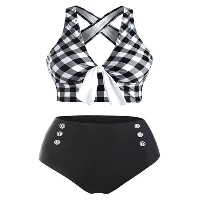 DRESSFO Women's Vacation Bikini Set  Sunflower Knot Ring Wrap Halter High Waist Tummy Control Swimwear (Black1/Small)