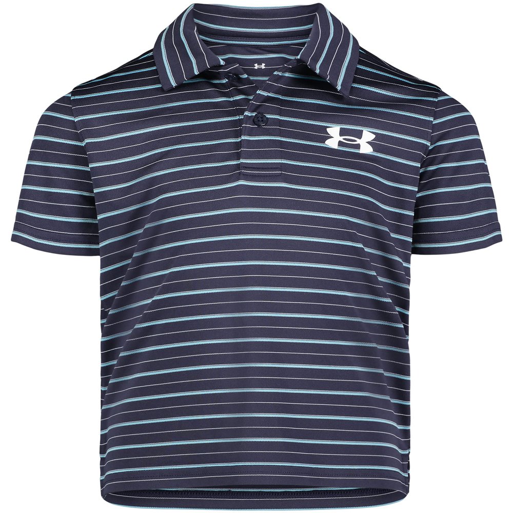 Under Armour Boys' Matchplay Short Sleeve Golf Polo, Lightweight Performance Stretch, Logo Detailing, Mid Navy Stripe, 4