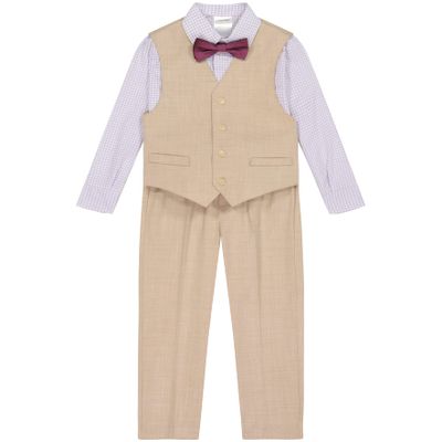 Calvin Klein Boys' 4-Piece Formal Suit Set, Includes Dress Shirt with Bow Tie, Suit Vest & Dress Pants, Khaki Sharkskin, 2T