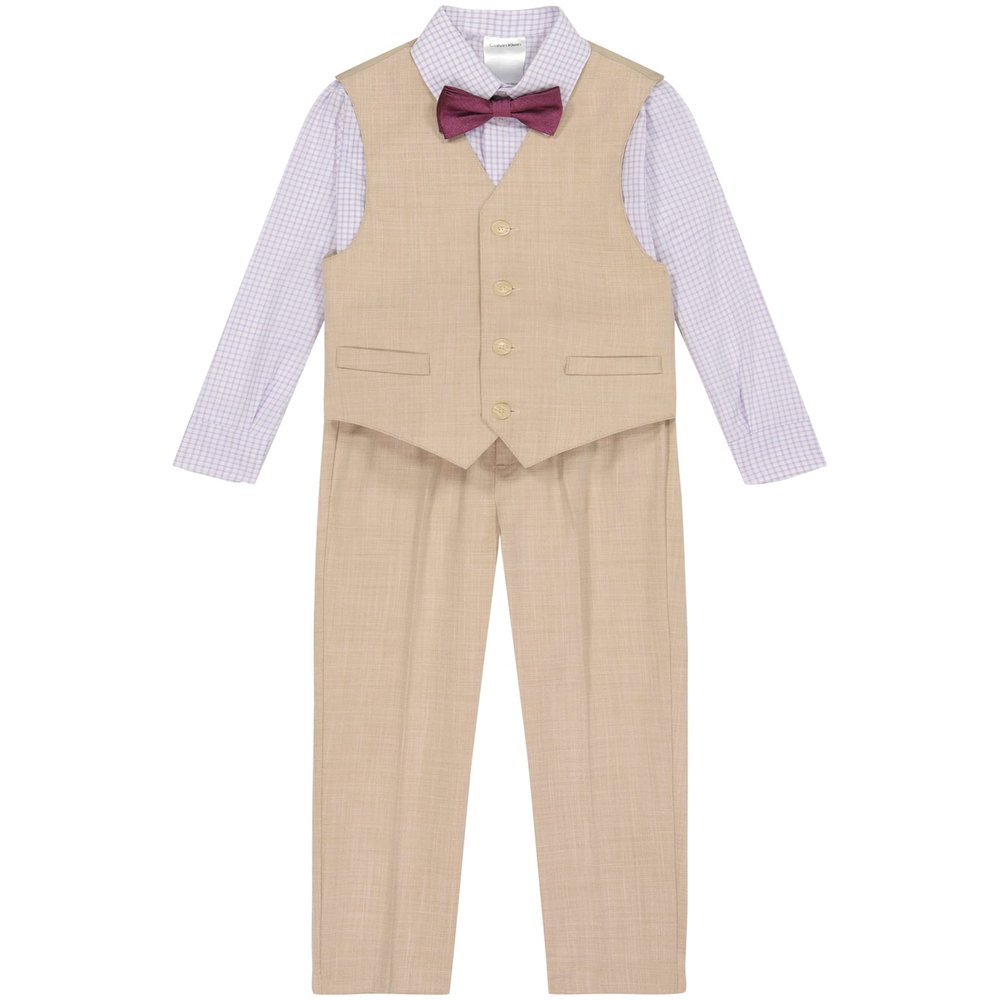 Calvin Klein Boys' 4-Piece Formal Suit Set, Includes Dress Shirt with Bow Tie, Suit Vest & Dress Pants, Khaki Sharkskin, 2T