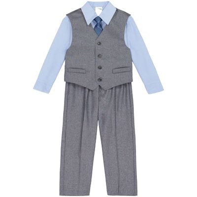 Calvin Klein Boys' 4-Piece Formal Suit Set, Includes Dress Shirt with Bow Tie, Suit Vest & Dress Pants, Medium Grey/Blue, 2T