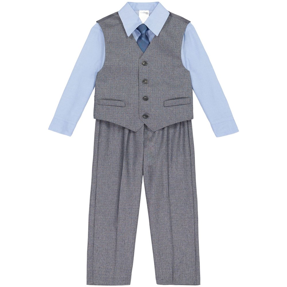 Calvin Klein Boys' 4-Piece Formal Suit Set, Includes Dress Shirt with Bow Tie, Suit Vest & Dress Pants, Medium Grey/Blue, 2T