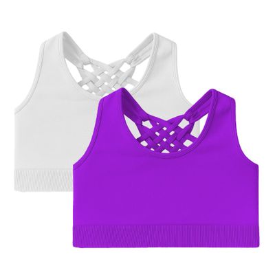 Kurve Girls Sleeveless Tank Top - Seamless Stretchy Strappy Back Crop Racerback Bra - Shirt Sports Bra for Kids, UPF 50+ Made in USA, White/Neon Purple Set, Age 4-8 Years