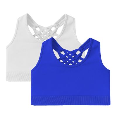 Kurve Girls Sleeveless Tank Top - Seamless Stretchy Strappy Back Crop Racerback Bra - Shirt Sports Bra for Kids, UPF 50+ Made in USA, White/Cobalt Set, Age 9-14 Years