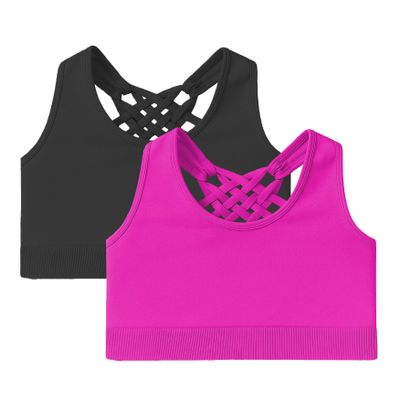 Kurve Girls Sleeveless Tank Top - Seamless Stretchy Strappy Back Crop Racerback Bra - Shirt Sports Bra for Kids, UPF 50+ Made in USA, Black/Neon Fuschia Set, Age 9-14 Years