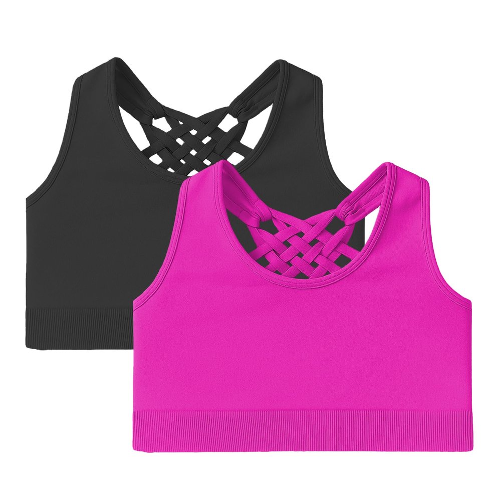 Kurve Girls Sleeveless Tank Top - Seamless Stretchy Strappy Back Crop Racerback Bra - Shirt Sports Bra for Kids, UPF 50+ Made in USA, Black/Neon Fuschia Set, Age 9-14 Years