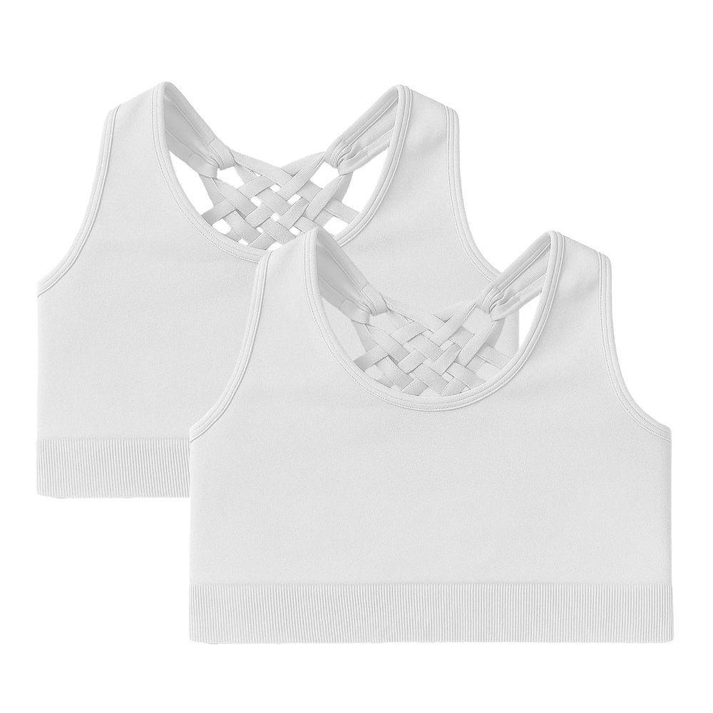 Kurve Girls Sleeveless Tank Top - Seamless Stretchy Strappy Back Crop Racerback Bra - Shirt Sports Bra for Kids, UPF 50+ Made in USA, White/White Set, Age 4-8 Years