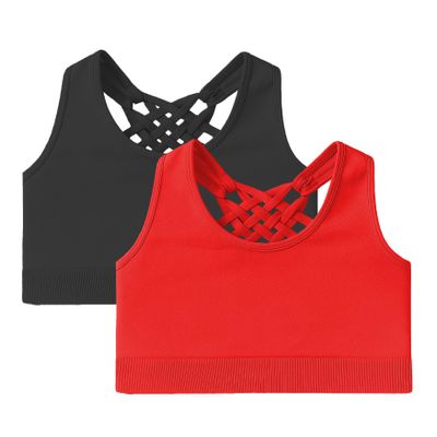 Kurve Girls Sleeveless Tank Top - Seamless Stretchy Strappy Back Crop Racerback Bra - Shirt Sports Bra for Kids, UPF 50+ Made in USA, Black/Red Set, Age 4-8 Years