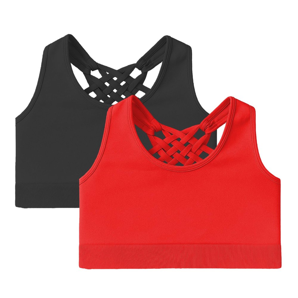 Kurve Girls Sleeveless Tank Top - Seamless Stretchy Strappy Back Crop Racerback Bra - Shirt Sports Bra for Kids, UPF 50+ Made in USA, Black/Red Set, Age 4-8 Years