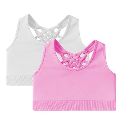Kurve Girls Sleeveless Tank Top - Seamless Stretchy Strappy Back Crop Racerback Bra - Shirt Sports Bra for Kids, UPF 50+ Made in USA, White/Pink Set, Age 4-8 Years