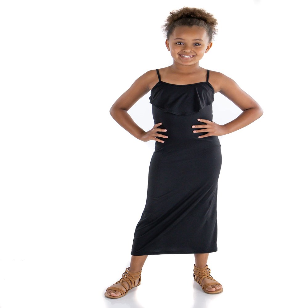 24seven Comfort Apparel Comfortable Spaghetti Strap Maxi Dress for Girls with Round Ruffle Neck Black