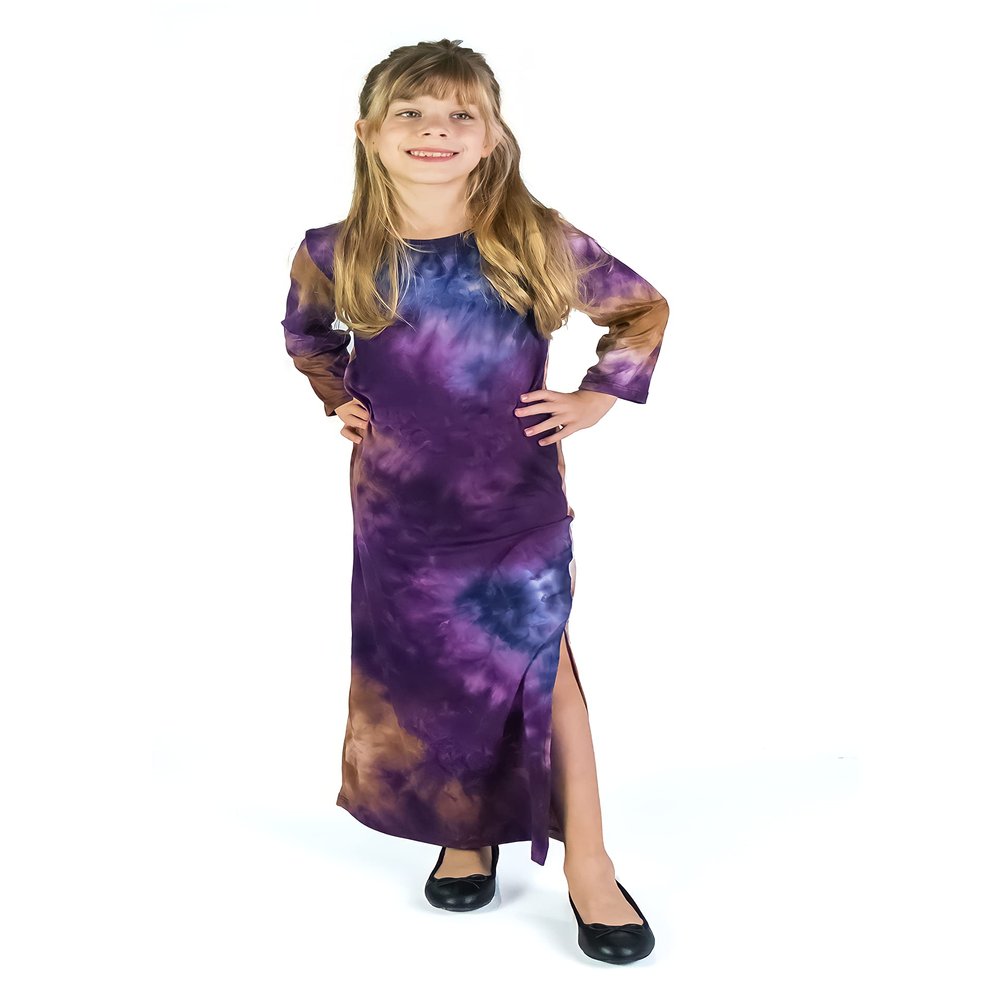 24seven Comfort Apparel Purple Tie Dye Long Sleeves Side Slit Maxi Dress for Girls