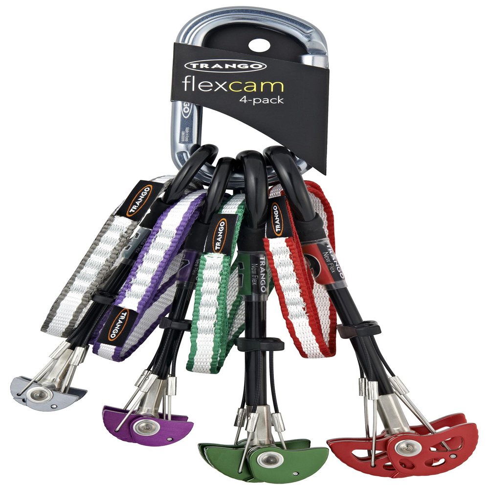 TRANGO Flex Cam 4-Pack w/Flexible Shaft & Extendable Sling (Sizes 3-6, 9-12kN) | Rock Climbing Passive Anchor Protection