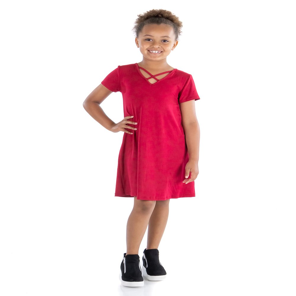 24seven Comfort Apparel Comfortable Short Sleeve T Shirt Dress for Girls Pull On Closure Girls Knee Length Red