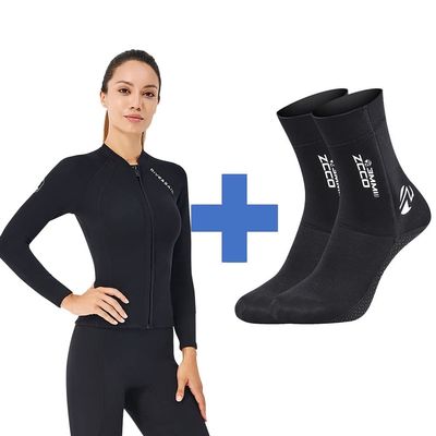 Skyone 2 Pieces Wetsuit,Wetsuit Top Women Men 2MM Neoprene Wetsuit Jacket Long Sleeve Diving Surfing Top, Neoprene Socks Diving Scuba Socks Wetsuit Fin Booties for Men Women
