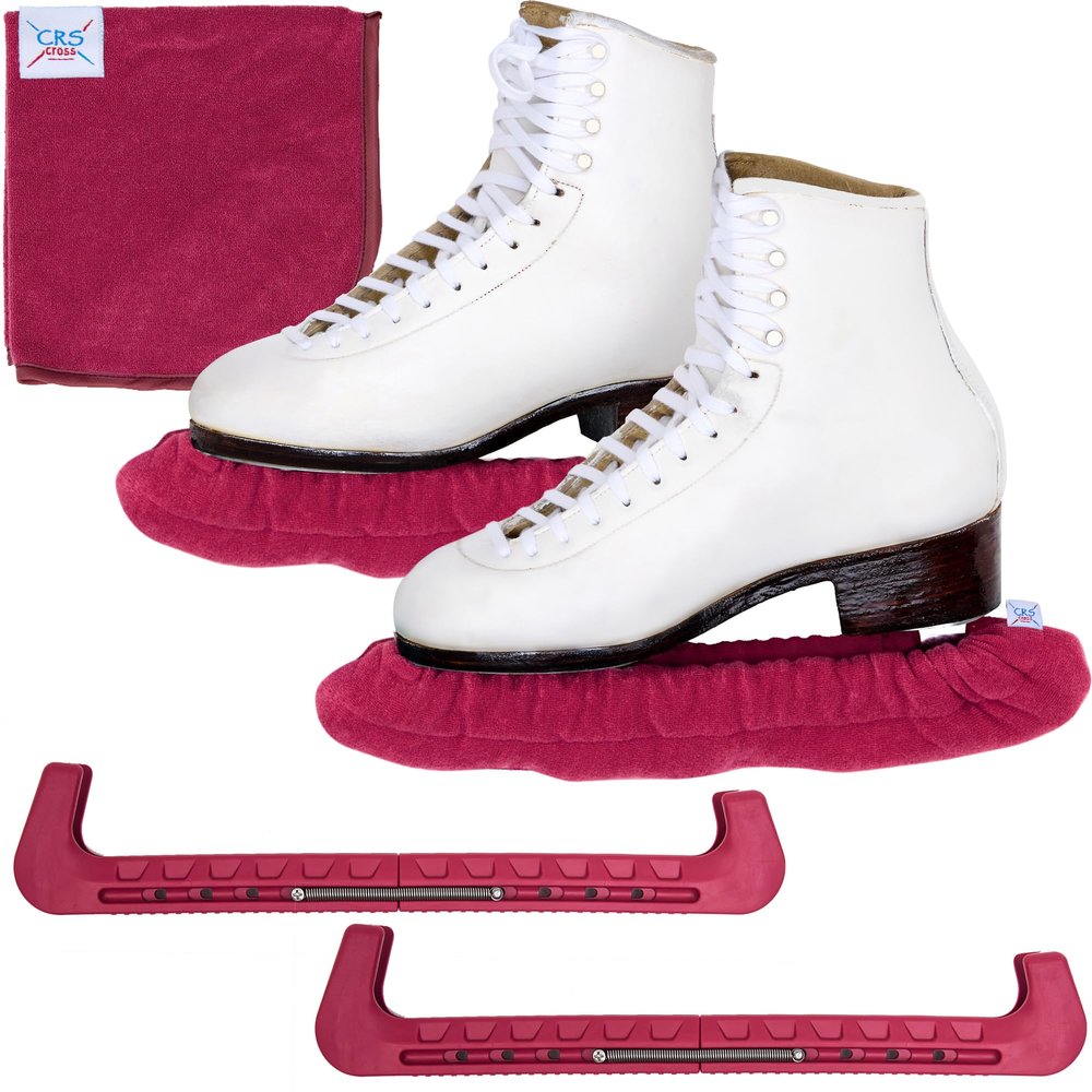 CRS Cross Ice Skate Guards, Soakers and Towel Gift Set. Essential Ice Skating Hard Guard and Soft Skate Blade Cover Accessories for Figure Skating or Hockey (Ruby, Medium)