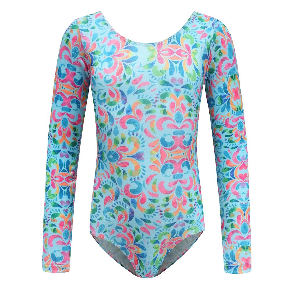 ABOCIW Gymnastics Leotards for Girls Long Sleeve Dance Leotard One Piece Sparkle Athletic Ballet Dance Leotard Top Unitard Bodysuit Ballerina Costume Dancewear Floral Print 6-7 Years