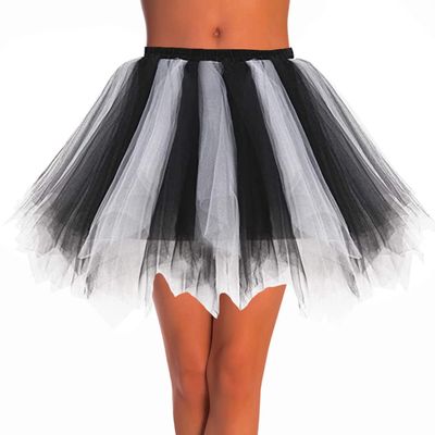 Dmaiy Women Tutu Skirt Elastic Dance Skirts Tulle Ballet Tutu Classic Adult Costume Bottoms for Festival Cosplay (Black White)