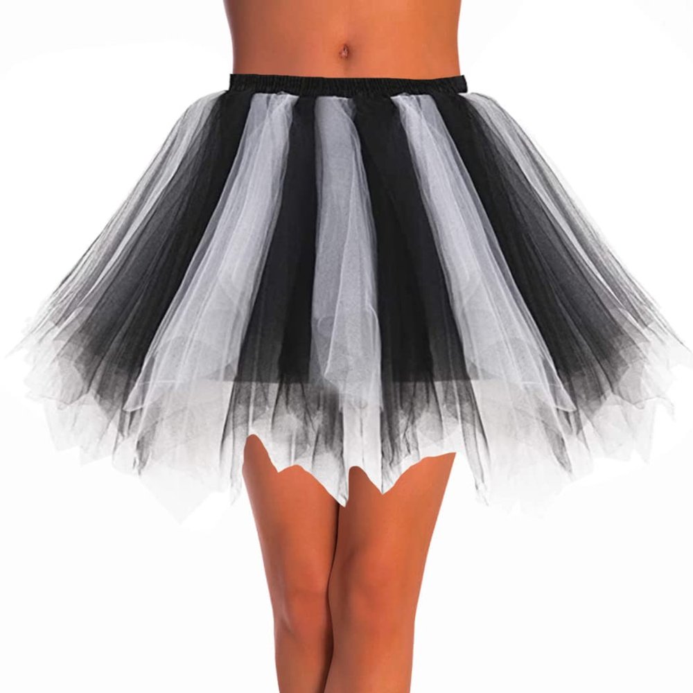 Dmaiy Women Tutu Skirt Elastic Dance Skirts Tulle Ballet Tutu Classic Adult Costume Bottoms for Festival Cosplay (Black White)