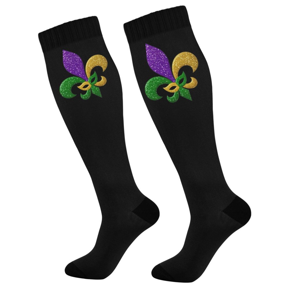 Wusikd Mardi Gras Lilye Compression Socks for Women and Men Circulation Black Long Socks for Athletic Running 1
