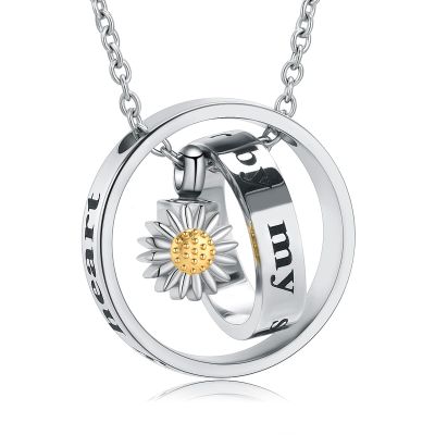 constantlife Cremation Jewelry Stainless Steel Sunflower Urn Necklace for Ashes Double Circle Memorial Pendant Human Pet Keepsake Gift for Women Men (Golden)