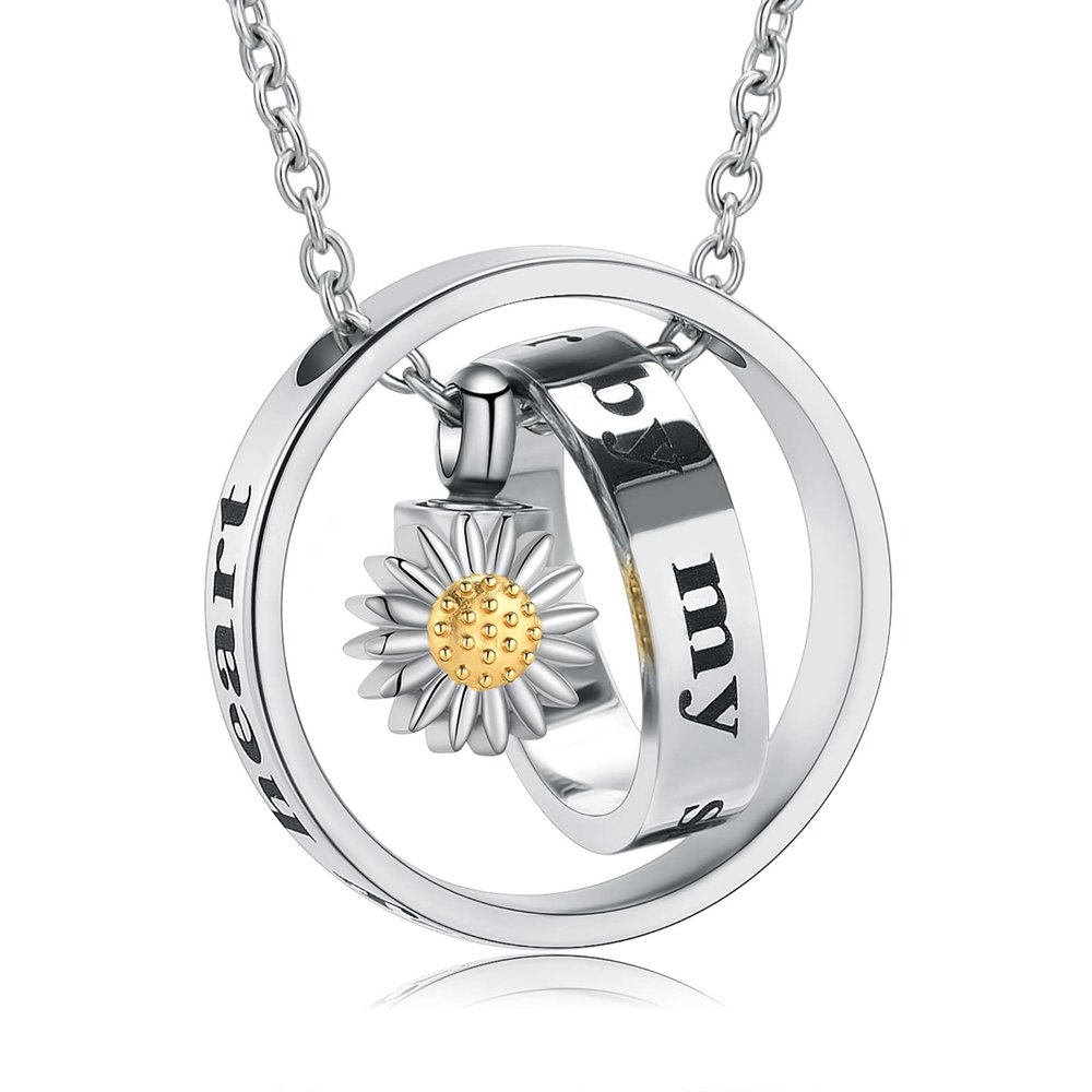 constantlife Cremation Jewelry Stainless Steel Sunflower Urn Necklace for Ashes Double Circle Memorial Pendant Human Pet Keepsake Gift for Women Men (Golden)