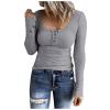 Women's Ribbed Knit Sweater Tops Long Sleeve Shirts Quarter Button Down Blouse Slim Fit Tunics Sexy Tee T-Shirt Gray view 1