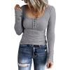 Women's Ribbed Knit Sweater Tops Long Sleeve Shirts Quarter Button Down Blouse Slim Fit Tunics Sexy Tee T-Shirt Gray view 2