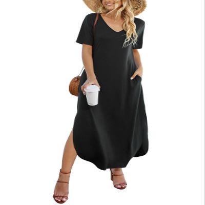 Camdoria Womens Maxi Casual Tshirt Dresses Long Summer Dress Beach Loose Short Sleeves Split Sundress with Pockets Black Medium