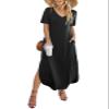 Camdoria Womens Maxi Casual Tshirt Dresses Long Summer Dress Beach Loose Short Sleeves Split Sundress with Pockets Black Medium view 1
