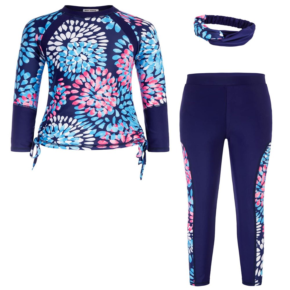 GRACE KARIN Girls Rash Guard Swimwear Long Sleeve Swimsuit Girls Two Piece Bathing Suit Navy 6Y