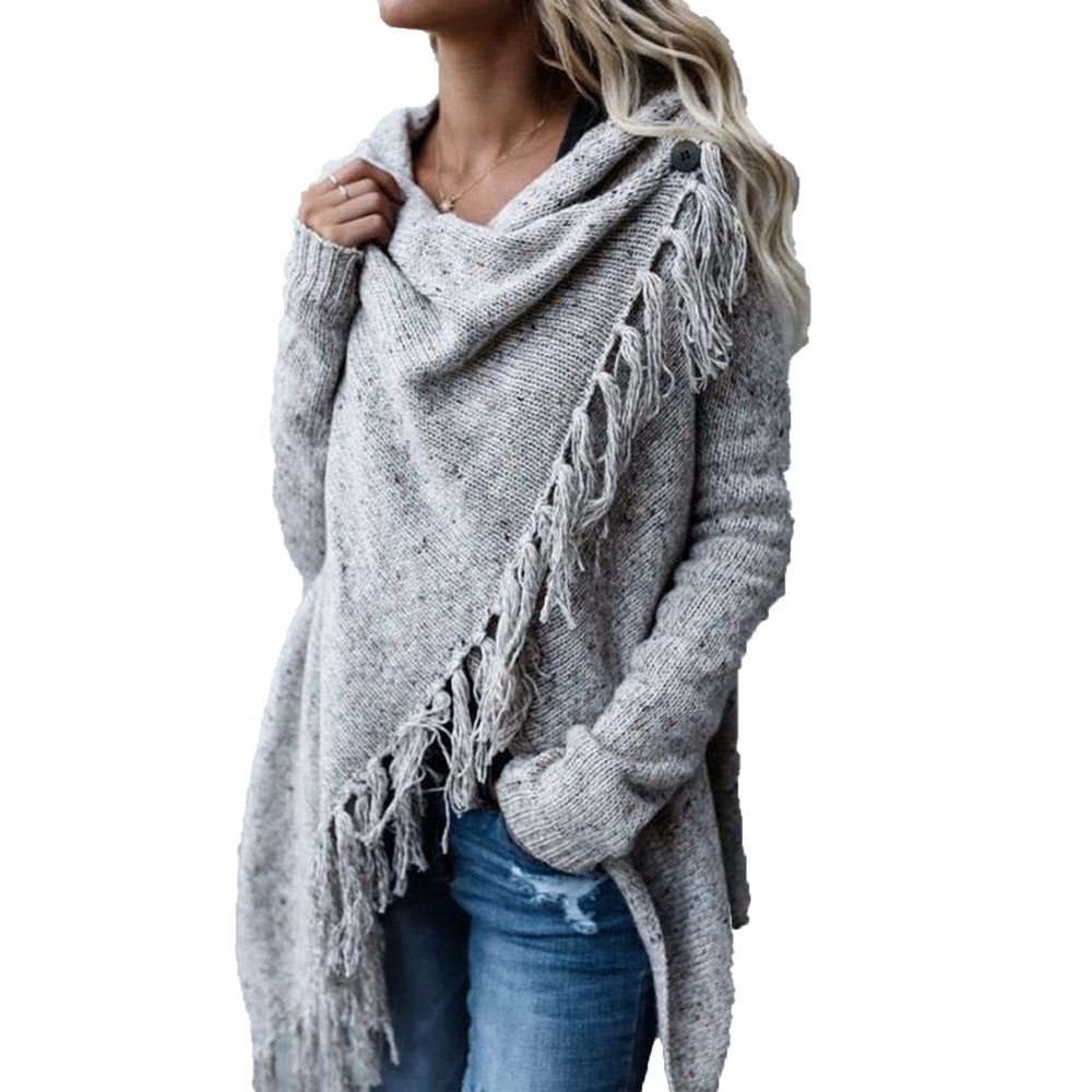 JEsilunmaMY Women's Tassel Poncho Cape Long Sleeve Open Front Shawl Wrap Sweater Mid Long Winter Knitted Cardigan Outwear (Grey,X-Large)