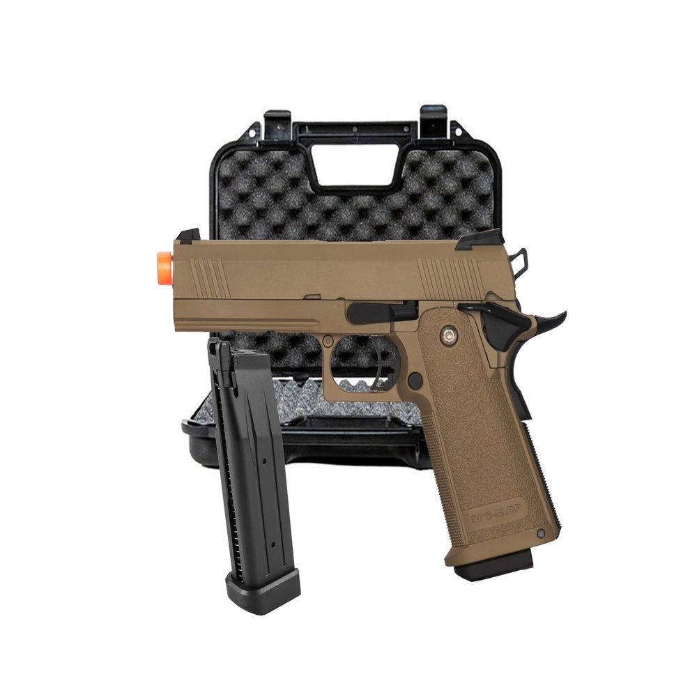 GoldenBall & Eagle Steel 1911 OPS-MRP Hi-Capa 5.1 Gas Blowback Airsoft Pistol with Case & Extra Magazine (8.25''/Tan)