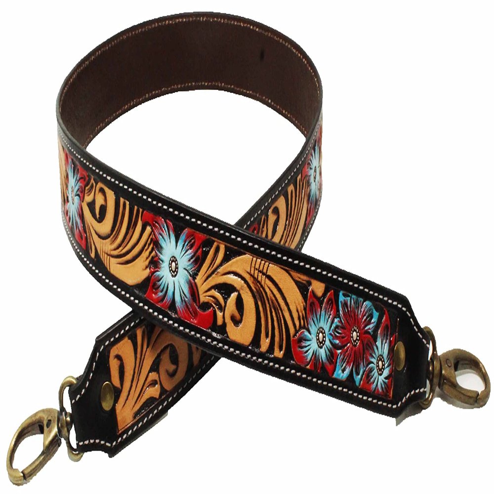 CHALLENGER Western Hand-Tooled Floral Multicolor Leather Replacement Shoulder Strap 115FK10