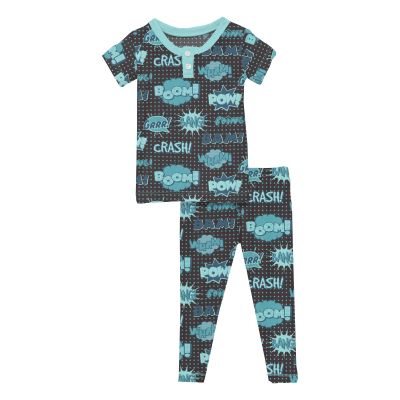 KicKee Pants Print Pajama Set, Short Sleeve Henley Collar Style PJs, Ultra Soft and Snug Fitting (Midnight Comic Onomatopoeia - 2T)