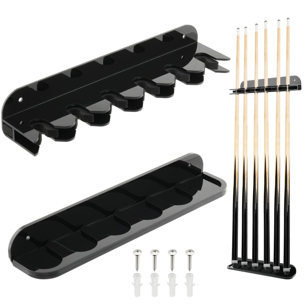 Cosmos Acrylic 2-Piece Billiard Cue Rack Wall Mount Billiard Stick Holder Wall Rack, Eva Foam Cue Clips Holds 6 Pool Cues, Billiard Pool Equipment Accessories (Solid Black)