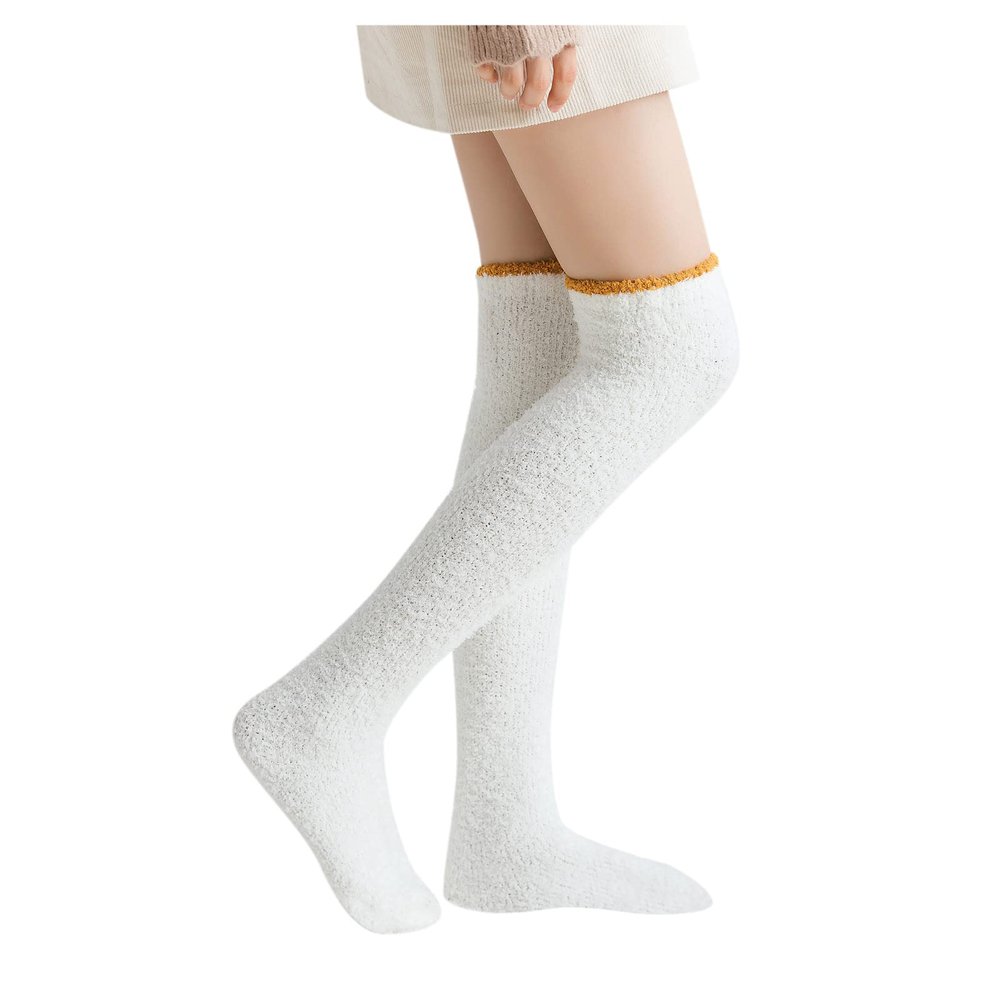 High Fuzzy Warm Socks Home Winter Socks Women's Over Solid Thigh-High Socks Warm Leggings Knee Socks (White, One Size)