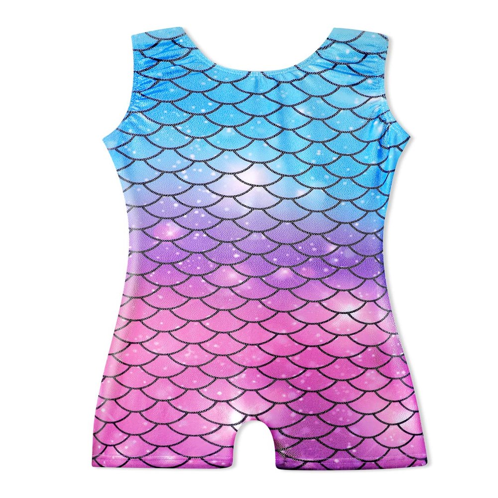 HOZIY Gymnastics Outfits for Girls 7-8 Year Old Leotard with Shorts for Kids Leo Tumbling Biketard Rainbow Mermaid Pink Purple Sparkle Gradient Colors Body Gimnasia Nina