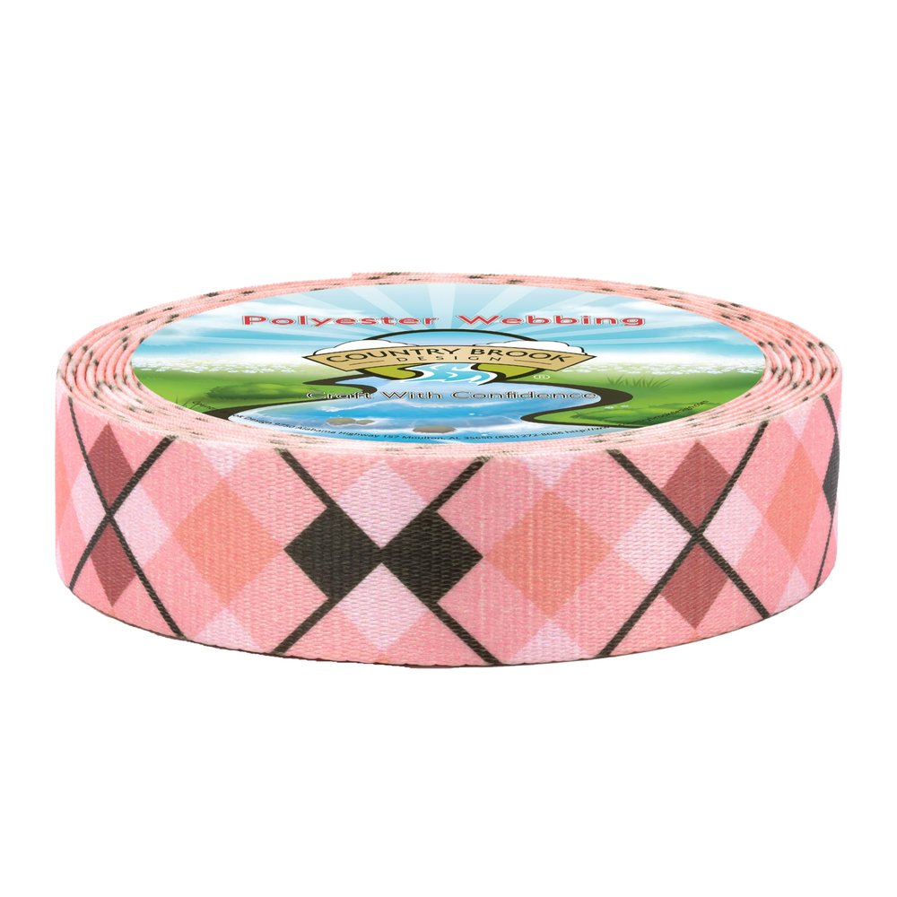 Country Brook Design - Pink and Brown Argyle Polyester Webbing Closeout (1 1/2 Inch, 50 Yards)