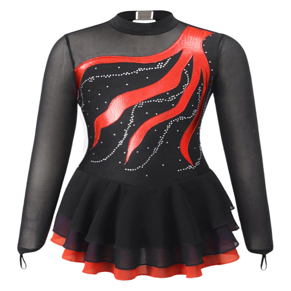 TSSOE Kids Girls Long Sleeve Sequins Printing Ice Roller Figure Skating Dress Illusion Ballet Dancewear A07 10 Years