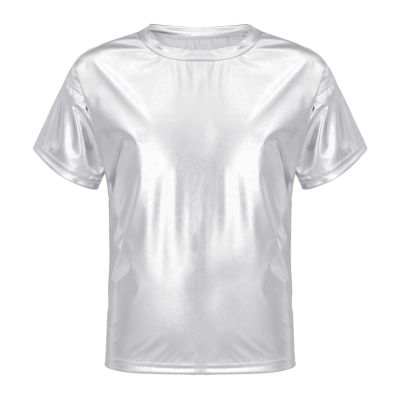 Huimingda Kids Girls Boys Shiny Metallic T-Shirt Short Sleeves Hip Hop Jazz Dance Performance Tees Festival Party Tops Silver 9-10 Years