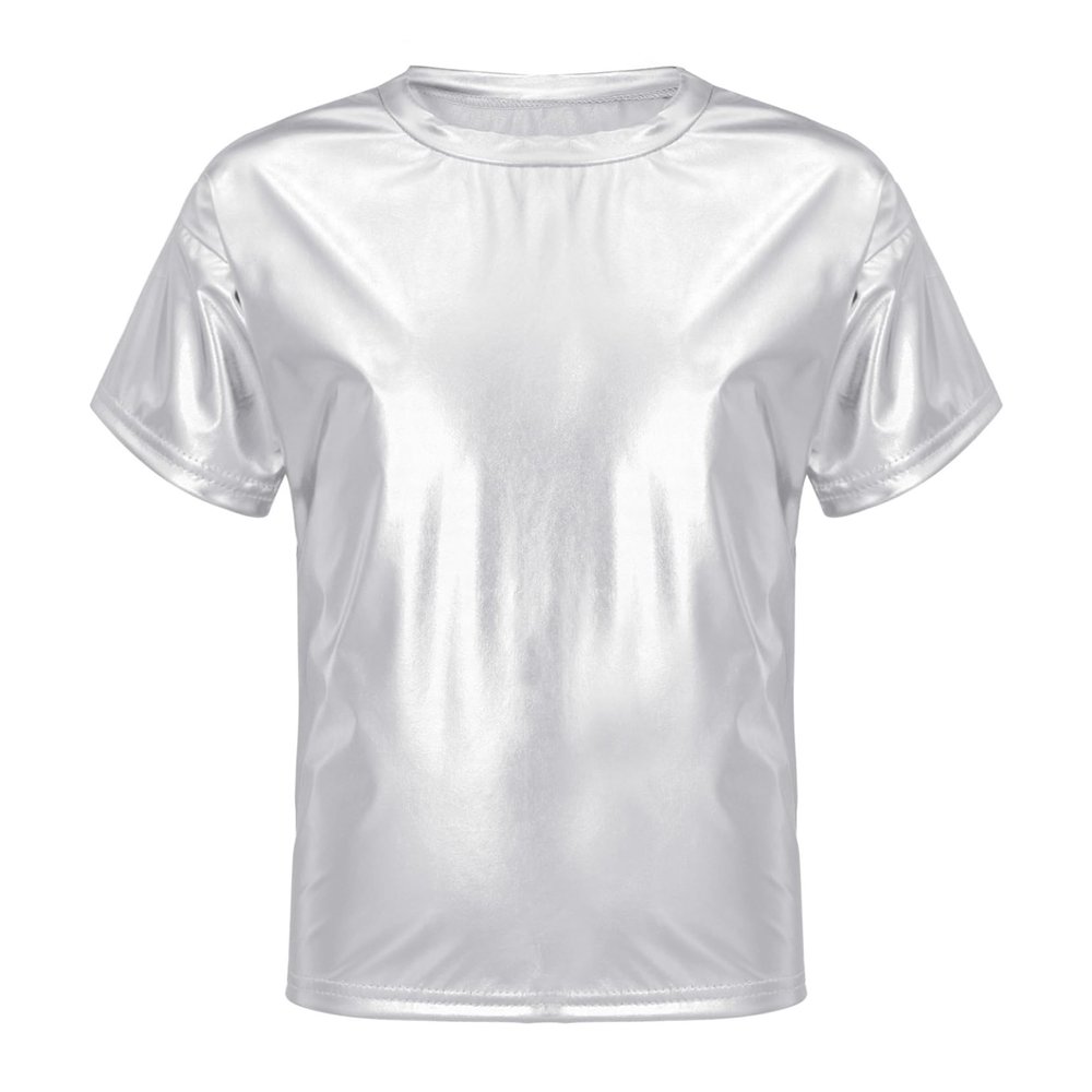 Huimingda Kids Girls Boys Shiny Metallic T-Shirt Short Sleeves Hip Hop Jazz Dance Performance Tees Festival Party Tops Silver 9-10 Years