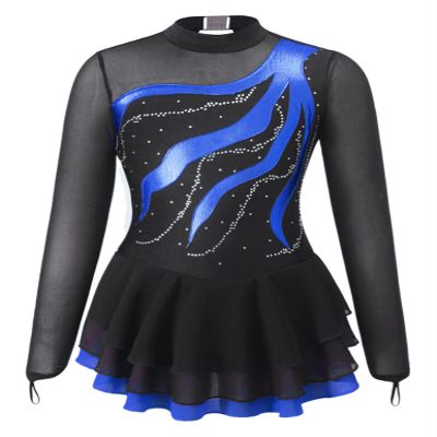 TSSOE Kids Girls Long Sleeve Sequins Printing Ice Roller Figure Skating Dress Illusion Ballet Dancewear A06 14 Years